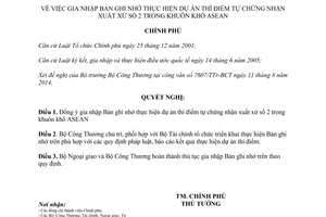 Nghị quyết 68/NQ-CP 2014 gia nhập Bản ghi nhớ thí điểm tự chứng nhận xuất xứ số 2 khuôn khổ ASEAN