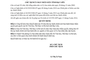 Quyết định 1453/QĐ-UBND năm 2014 thủ tục hành chính mới thuộc thẩm quyền Sở Văn hóa Bạc Liêu