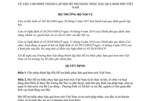 Quyết định 949/QĐ-BNV 2014 cho phép thành lập Hội Hỗ trợ khắc phục hậu quả bom mìn Việt Nam