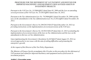 Circular No. 134/2014/TT-BTC deferment of VAT payment and refund for imported machinery equipment