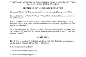 Quyết định 890/QĐ-UBND-HC 2014 thủ tục hành chính thuộc thẩm quyền Ban Quản lý Khu kinh tế Đồng Tháp