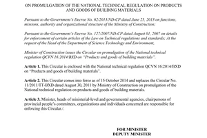 Circular 15/2014/TT-BXD national technical regulation products goods of building materials