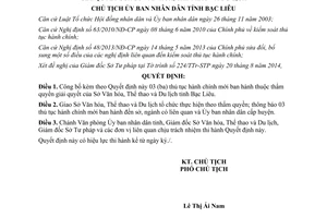 Quyết định 1482/QĐ-UBND năm 2014 thủ tục hành chính thuộc thẩm quyền Sở Văn hóa Bạc Liêu