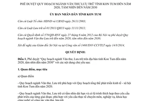 Quyết định 929/QĐ-UBND 2014 Quy hoạch ngành Văn thư Lưu trữ Kon Tum 2020 tầm nhìn 2030