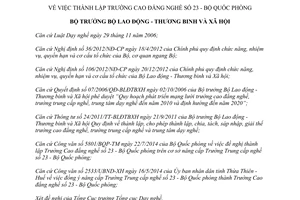 Quyết định 1186/QĐ-LĐTBXH 2014 thành lập Trường Cao đẳng nghề số 23 Bộ Quốc phòng