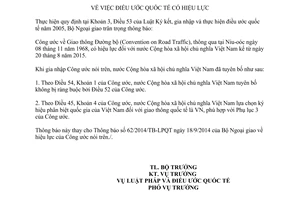 Thông báo hiệu lực của Công ước Giao thông Đường bộ Conventin on Road Traffic