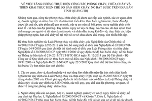 Chỉ thị 15/CT-UBND phòng cháy chữa cháy chế độ bảo hiểm cháy nổ bắt buộc Quảng Trị