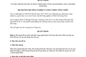 Quyết định 3993/QĐ-BNN-TT 2014 phê duyệt Đề án phát triển bền vững ngành điều Việt Nam đến 2020