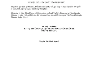 Thông báo hiệu lực Công ước về Giao thông Đường bộ