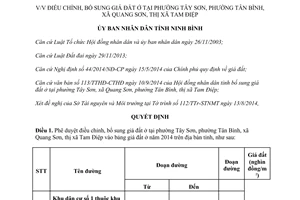 Quyết định 736/QĐ-UBND năm 2014 điều chỉnh, bổ sung giá đất ở tại phường Tây Sơn, phường Tân Bình, xã Quang Sơn, thị xã Tam Điệp, tỉnh Ninh Bình