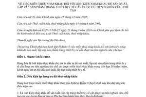 Quyết định 54/2014/QĐ-TTg miễn thuế nhập khẩu linh kiện sản xuất sản phẩm trang thiết bị y tế ưu tiên