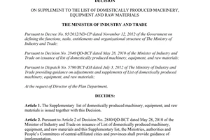 Decision No. 8438/QD-BCT dated 2014 supplement to the list of domestically produced machinery equipment