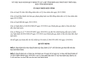 Quyết định 25/2014/QĐ-UBND tỷ lệ tính đơn giá thuê đất  Bình Định