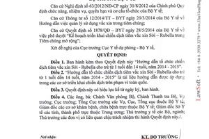 Quyết định 3715/QĐ-BYT 2014 hướng dẫn tiêm vắc xin Sởi Rubella cho trẻ từ 1 đến 14 tuổi 2014 2015