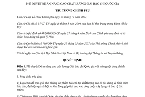 Quyết định 1694/QĐ-TTg năm 2014 nâng cao chất lượng Giải báo chí Quốc gia
