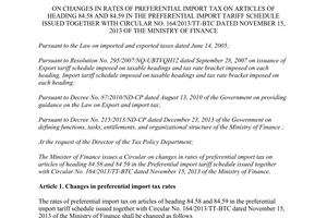 Circular No. 139/2014/TT-BTC changes in rates of preferential import tax of heading 84.58 and 84.59 No. 164/2013/TT-BTC