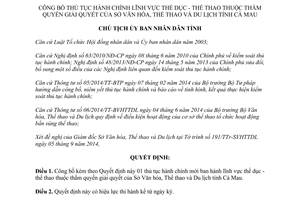 Quyết định 1467/QĐ-UBND thủ tục hành chính Thể dục Thể thao thẩm quyền Sở Văn hóa Cà Mau 2014
