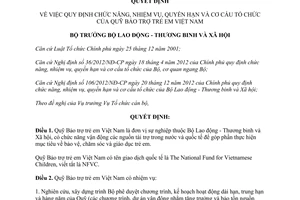 Quyết định 1216/QĐ-LĐTBXH năm 2014 chức năng cơ cấu tổ chức Quỹ Bảo trợ trẻ em Việt Nam