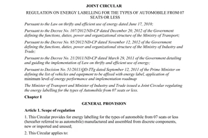 Joint circular No. 43/2014/TTLT-BGTVT-BCT energy labelling for the types of automobile 07 seats or less