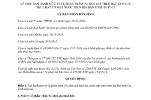 Quyết định 64/2014/QĐ-UBND về mức tỷ lệ phần trăm đơn giá thuê đất thuê mặt nước Hà Tĩnh