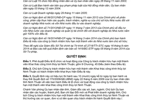 Quyết định 70/2014/QĐ-UBND phê duyệt Điều lệ tổ chức hoạt động Công ty Khai thác công trình thủy lợi Ninh Thuận