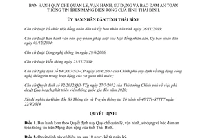 Quyết định 20/2014/QĐ-UBND quản lý vận hành bảo đảm an toàn thông tin Mạng diện rộng Thái Bình