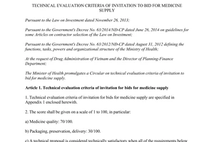 Circular No. 31/2014/TT-BYT technical evaluation criteria of invitation to bid for medicine supply