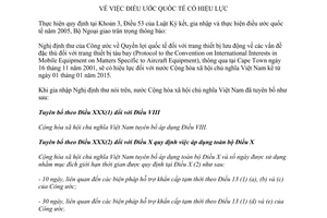 Thông báo hiệu lực Nghị định thư Công ước quốc tế trang thiết bị tàu bay