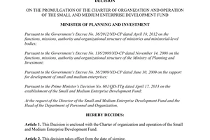 Decision 1339/QD-BKHDT promulgation Charter operation Small Medium Enterprise Development Fund