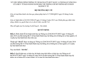 Quyết định 3884/QĐ-BYT 2014 đính chính 06/2014/TT-BYT Danh mục chỉ số thống kê cơ bản ngành y tế