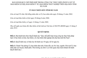 Quyết định 37/2014/QĐ-UBND phối hợp thực hiện pháp luật bảo hiểm xã hội y tế thất nghiệp Hà Nam