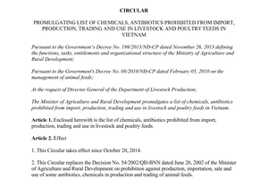 Circular No. 28/2014/TT-BNNPTNT list of chemicals antibiotics prohibited from import production trading
