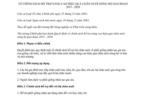 Quyết định 50/2014/QĐ-TTg hỗ trợ nâng cao hiệu quả chăn nuôi nông hộ 2015-2020