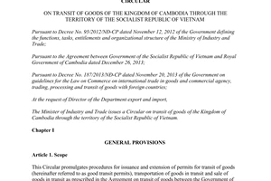 Circular No. 27/2014/TT-BCT transit of goods of the Kingdom of Cambodia through Vietnam