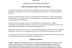 Decision No.7896/QD-BCT dated September 05 2014 applying anti-dumping measures