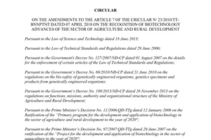 Circular No. 29/2014/TT-BNNPTNT amendments 23/2010/TT-BNNPTNT recognition biotechnology advances