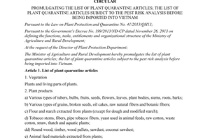 Circular No. 30/2014/TT-BNNPTNT list of plant quarantine articles before being imported into Vietnam
