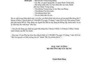 Công văn 1796/TTg-KTN năm 2014 đính chính 1196/QĐ-TTg đầu tư xây dựng hệ thống nước chất thải rắn