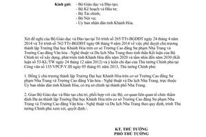 Công văn 1808/TTg-KGVX năm 2014 chủ trương thành lập Trường Đại học Khánh Hòa