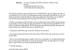 Công văn 7416/VPCP-KTTH năm 2014 xử lý tài sản vốn chuyển nhượng thủy điện Đăk Mi 4 4C IDICO