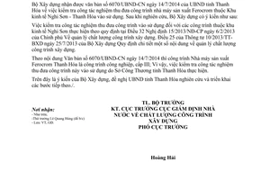Công văn 20/BXD-GĐ 2014 kiểm tra công tác nghiệm thu đưa công trình Nhà máy Ferocrom vào sử dụng