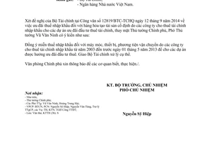 Công văn 7521/VPCP-KTTH năm 2014 ưu đã thuế nhập khẩu máy móc thiết bị cho thuê tài chính