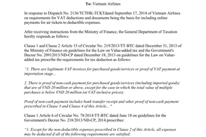 Official Dispatch No. 3997/TCT-DNL dated 2014 requirements for VAT deductions and documents being the basis
