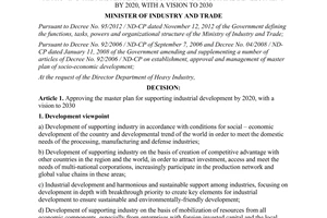 Decision No. 9028/QD-BCT dated 2014 plan for supporting industrial development by 2020 a vision to 2030