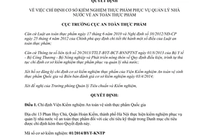 Quyết định 609/QĐ-ATTP 2014 chỉ định cơ sở kiểm nghiệm thực phẩm