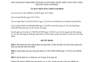 Quyết định 23/2014/QĐ-UBND diện tích đất ở tối thiểu được phép tách thửa Nam Định