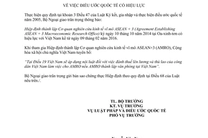 Thông báo 30/2016/TB-LPQT hiệu lực hiệp định thành lập cơ quan nghiên cứu kinh tế vĩ mô ASEAN
