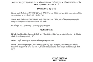 Quyết định 4159/QĐ-BYT 2014 Quy định đảm bảo an toàn thông tin y tế điện tử