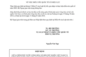 Thông báo 14/2016/TB-LPQT hiệu lực hiệp định khuyến khích bảo hộ đầu tư Việt Nam Ma xê đô ni a 2016