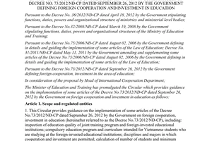Circular No. 34 /2014/TT-BGDDT guidance No. 73/2012/ND-CP foreign investment in education
